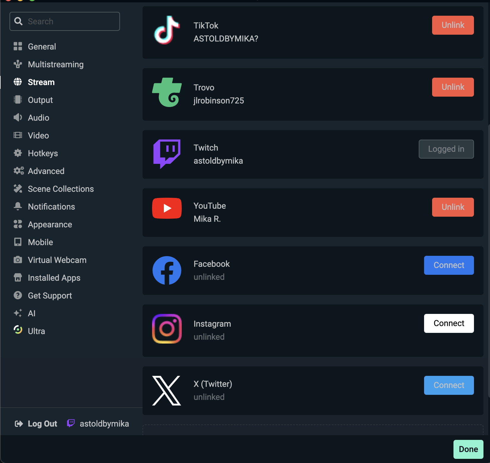 streamlabs desktop Stream destinations window